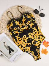 Women's Lace One-Piece Swimsuit - Gold Print Thong Bathing Suit with Push-Up Support