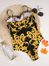 Women's Lace One-Piece Swimsuit - Gold Print Thong Bathing Suit with Push-Up Support