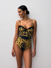 Women's Lace One-Piece Swimsuit - Gold Print Thong Bathing Suit with Push-Up Support