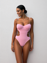 Women's Striped One-Piece Swimsuit - High-Cut Bathing Suit with Padded Cups and Spaghetti Straps