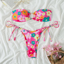 Women's Pink Floral Bikini Set - Strapless Two-Piece Swimsuit with Low-Waist Bottoms